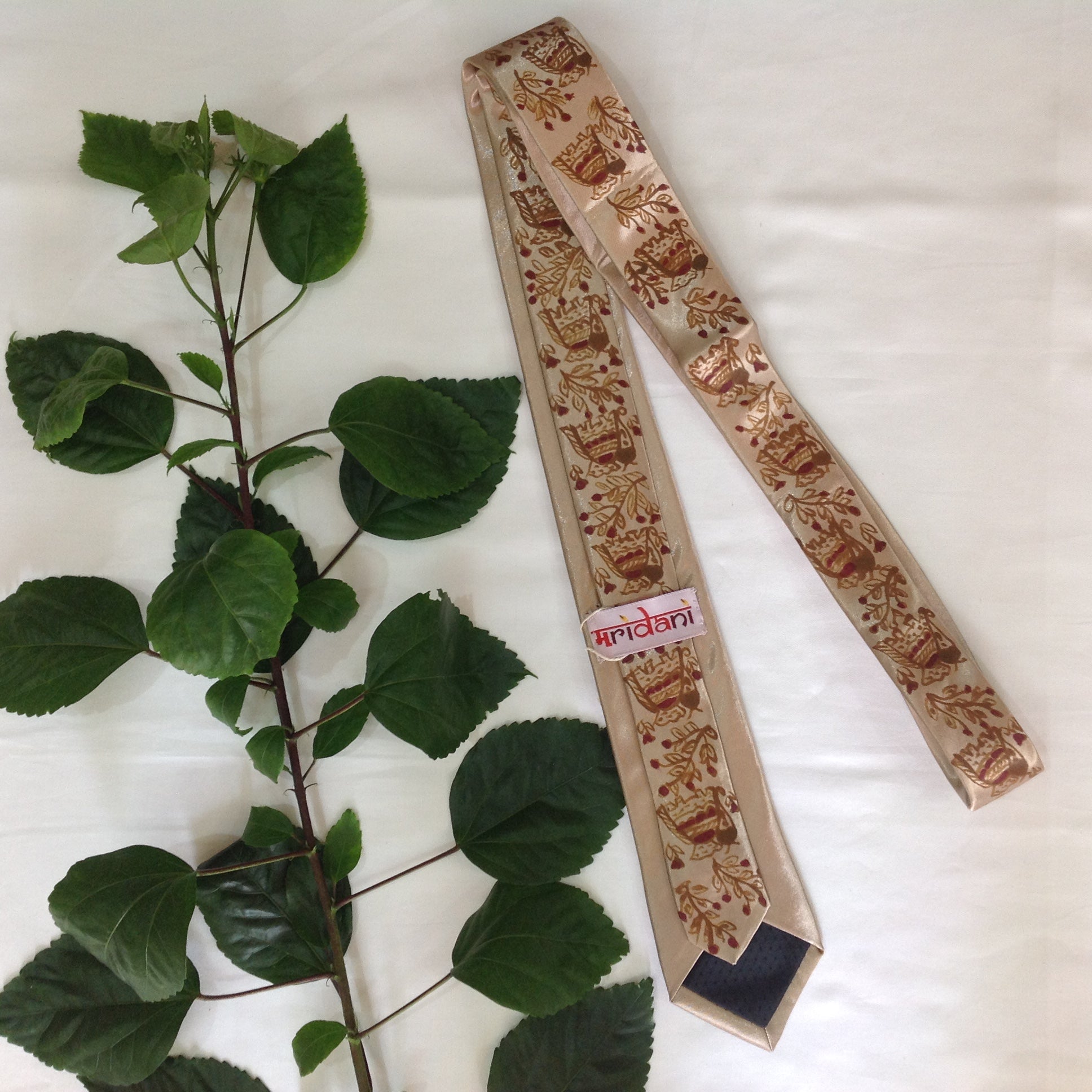 Handpainted Madhubani Silk Tie – Beige with Elephant & Floral Motifs